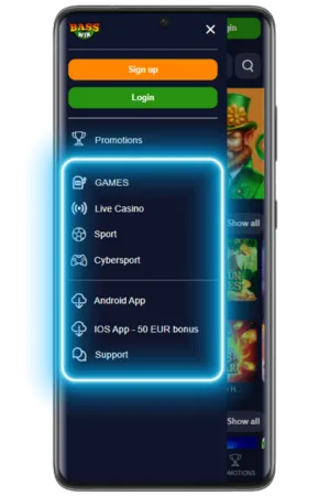 Bass Win Android app navigation menu access