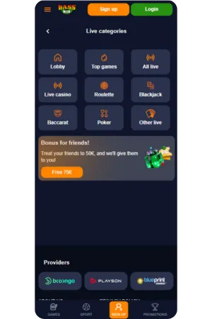 Bass Win live casino UK interface